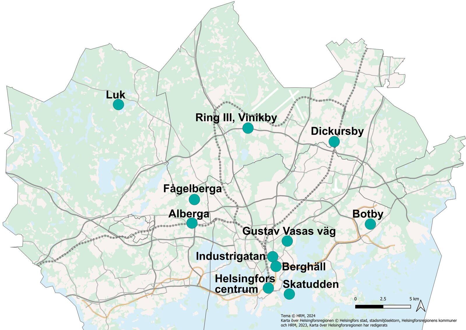 11 luftkvalitetsmätningsstationer i huvudstadsregionen.
