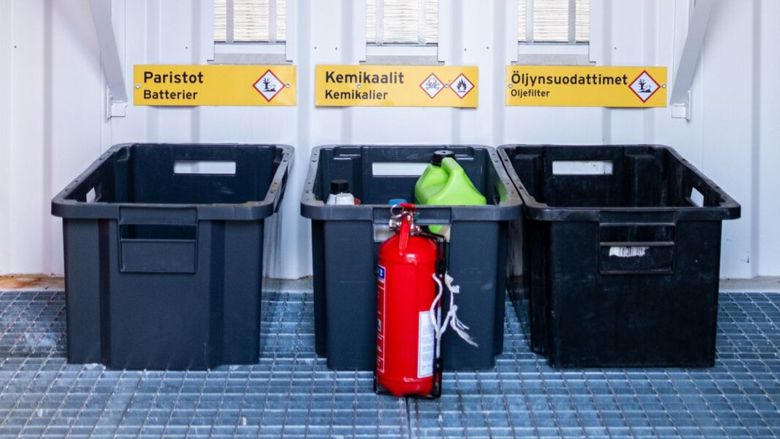 Sortti-kontin sisällä näkyy keräyslaatikot paristoille, kemikaaleille ja öljynsuodattimille.