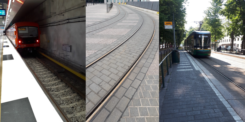 Kuvassa kolme erilaista julkisen liikenteen raidetta: metroasemalla sisällä, kaupungin kaduilla ja pysäkillä ulkona.