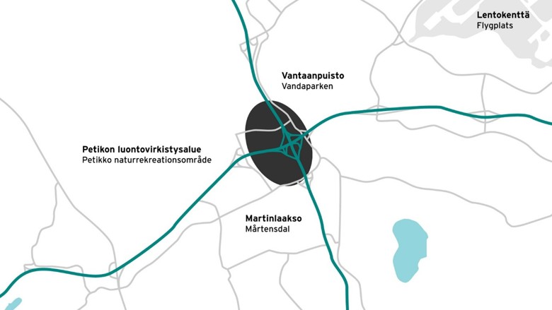 Karttakuva urakka-alueesta Vantaalla Vantaankosken ja Kivistön välillä. 