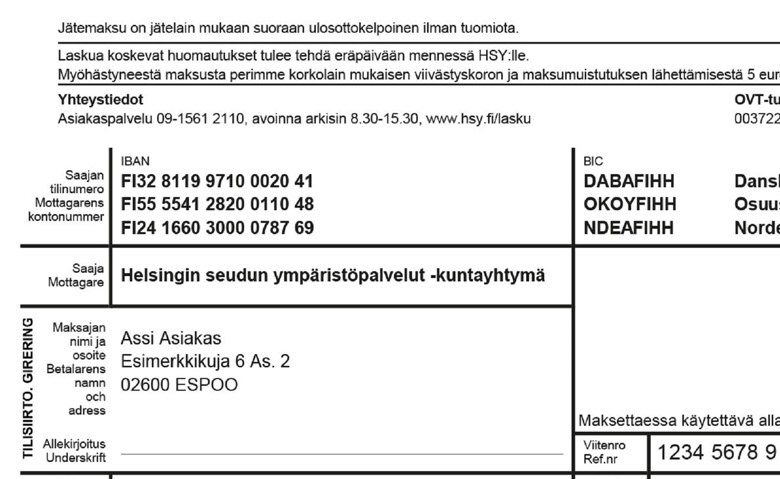 Kuva laskusta HSYn asiakkaalle.