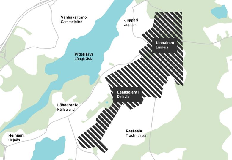 Karttakuva paineenkorotusaseman vaikutusalueesta Laaksolahden ja Linnaisen asuinalueilla.