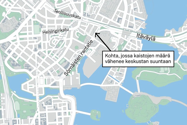 Karttakuva Sörnäisten rantatiestä.