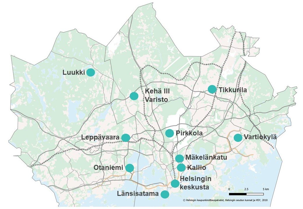 Ilmanlaadun mittauspaikat pääkaupunkiseudulla