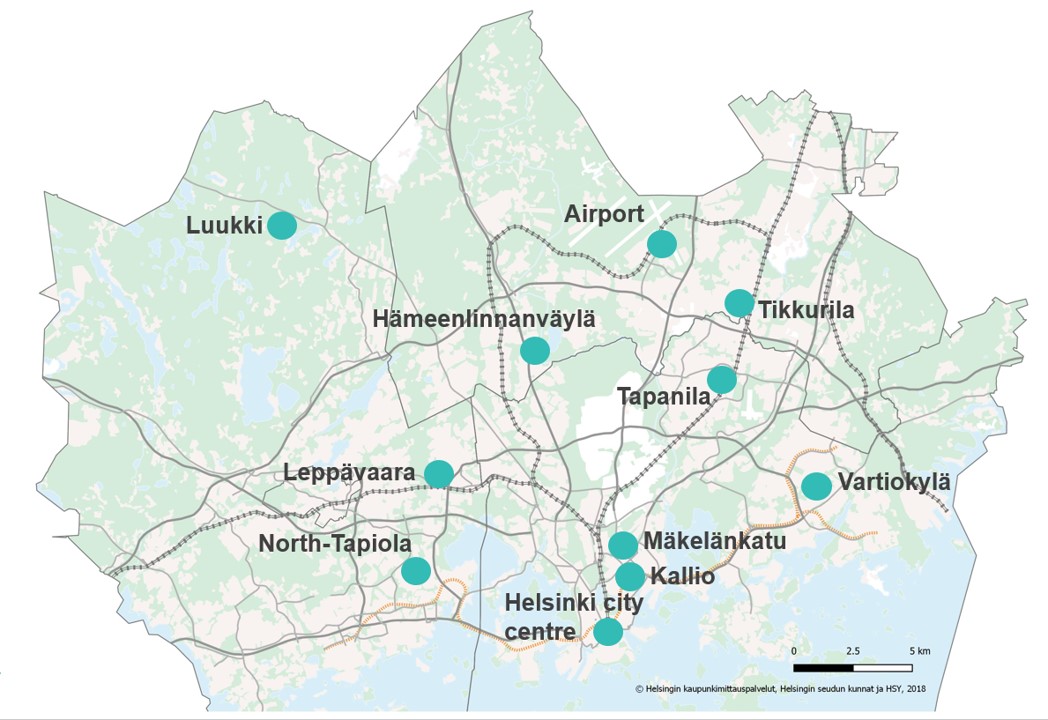 Air quality monitoring sites in the Helsinki metropolitan area in 2022.