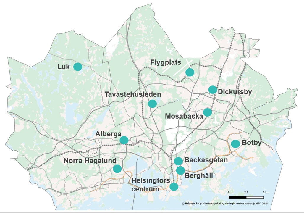 Mätstationerna för luftkvalitet i huvudstadsregionen år 2022.