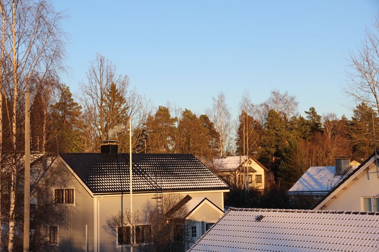 Pientaloalueen talojen katoilla on hieman lunta. Taustalla on havupuita, lehtipuut ovat lehdettömiä. Etualalla olevan talon piipusta tulee savua.