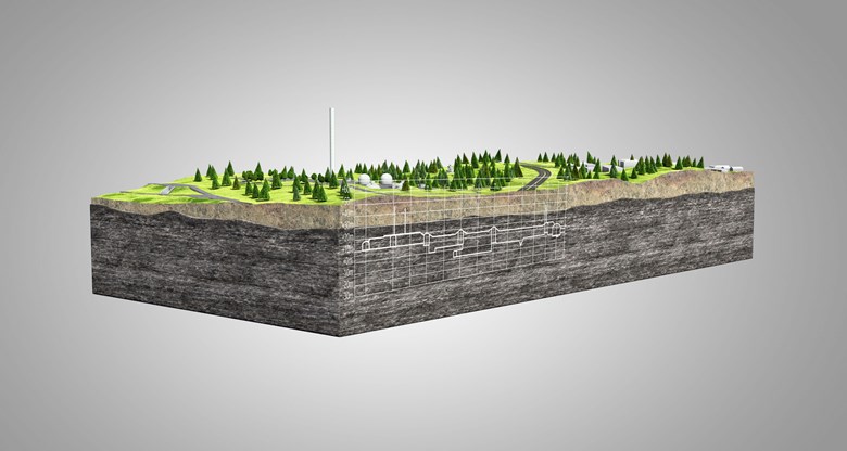 3D-malli Blominmäkeen maan alle rakennettavasta jätevedenpuhdistamon alueesta.